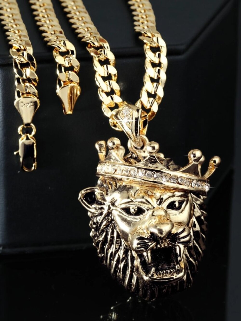 14K Plated Crowned Lion CZ Pendant & Cuban Chain – 24” or 30”